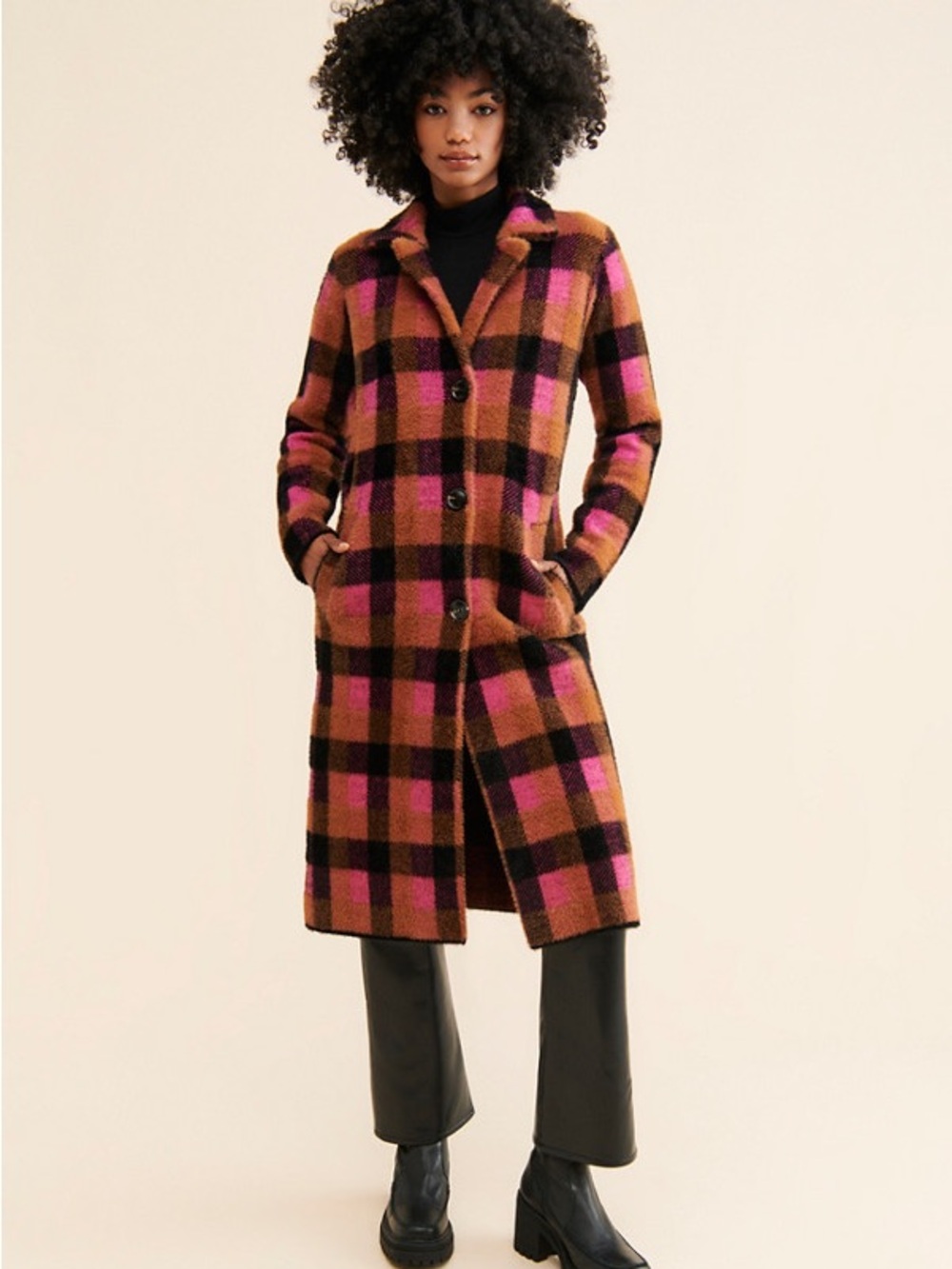 NVLT Pink and Brown Plaid Long Sweater Coat